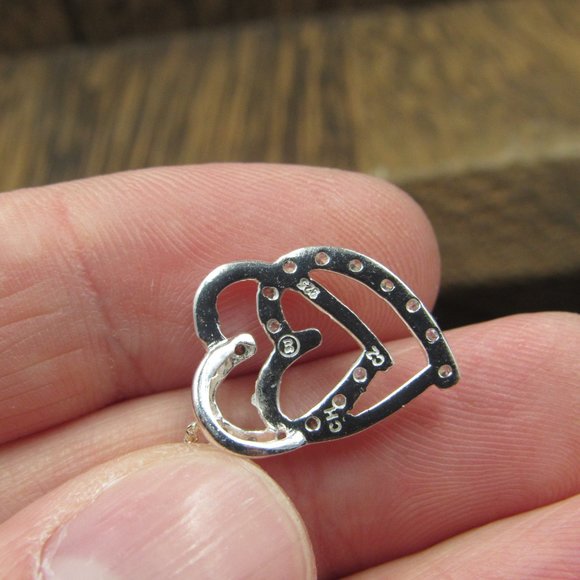 18" Sterling Silver Cubic Zirconia Double Heart Pendant Necklace Vintage - Picture 4 of 7